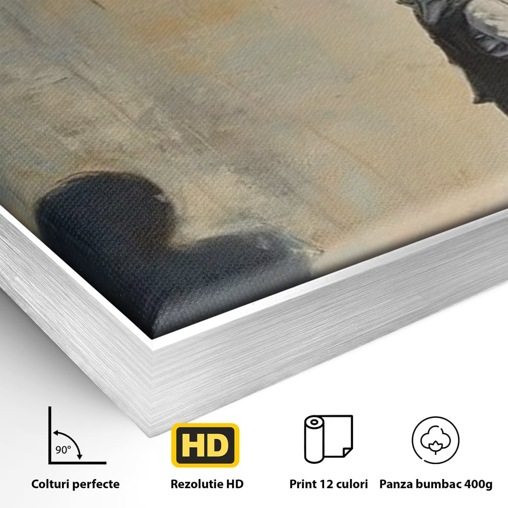 Detaliu al suprafetei: tablou canvas cu fetita si balon rosu, in rama de aluminiu argintiu